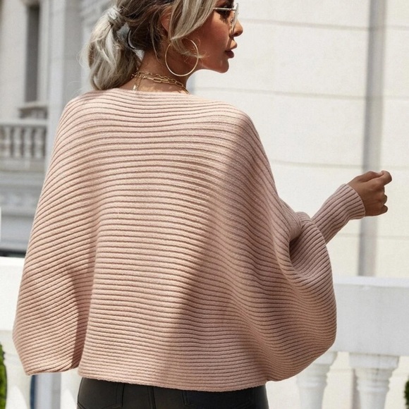 Off the shoulder batwing rib knit sweater tan - Picture 2 of 2